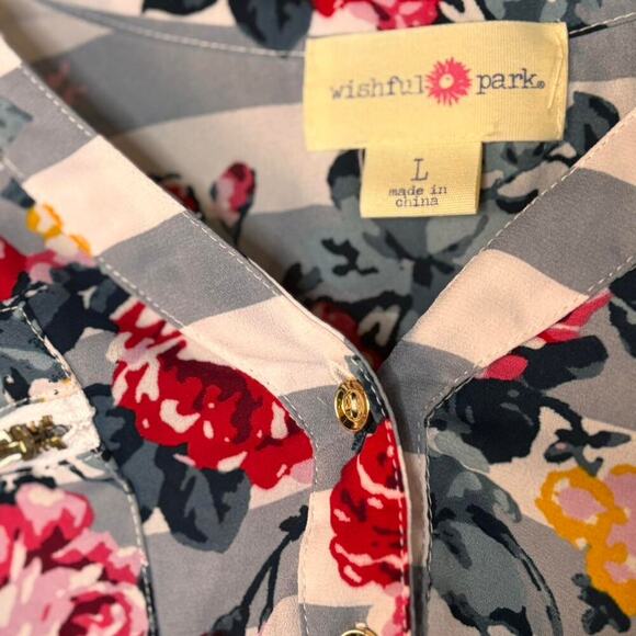 Wishful Park Gray/White Striped Floral Blouse Cottage Core Zipper Details - Picture 6 of 7